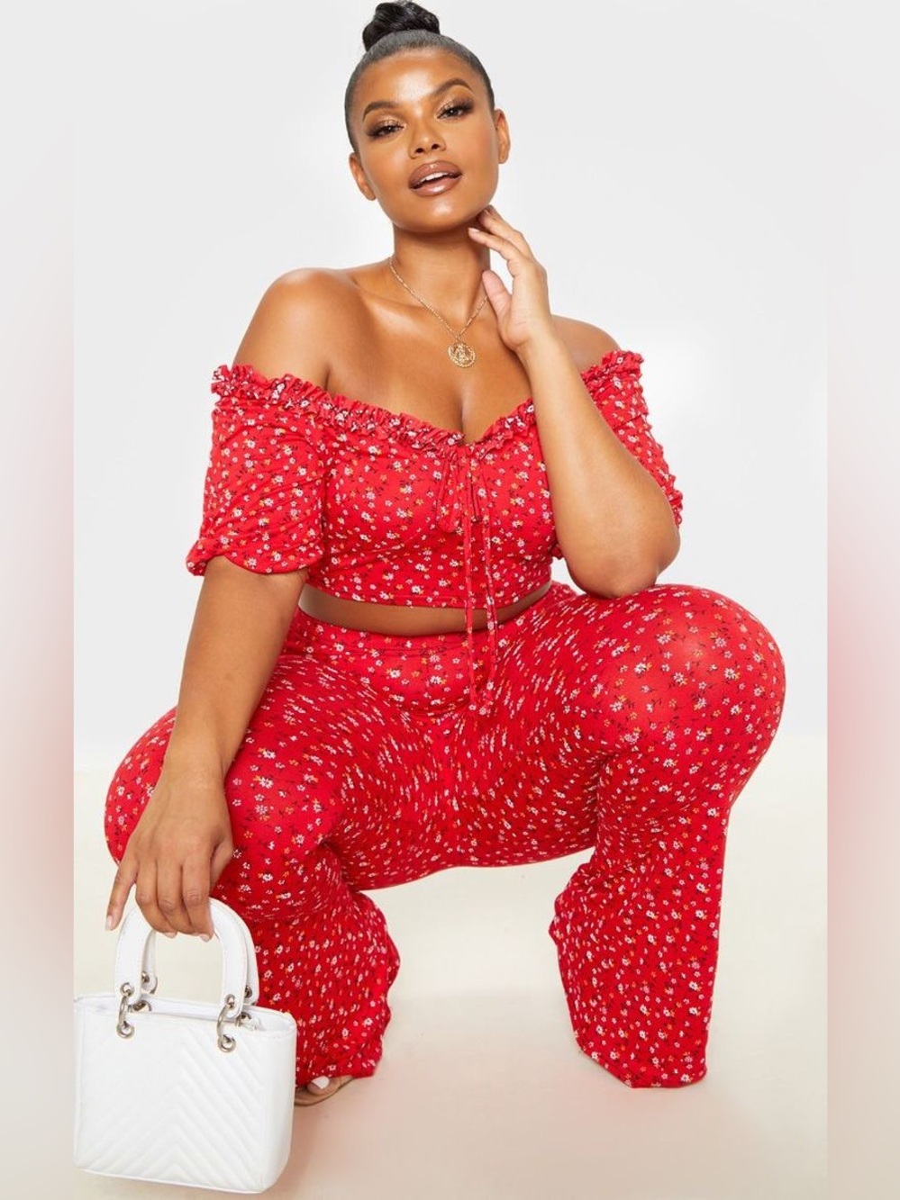 NWT PrettyLittleThing Red Floral Off-Shoulder crop top and Wide Le 2 piece